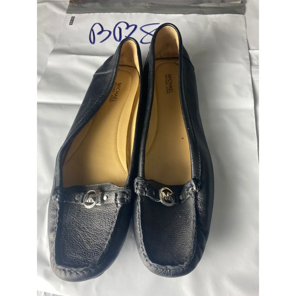 Michael Kors Black Leather Moc Loafers Silver MK‎ Logo Womens 7
